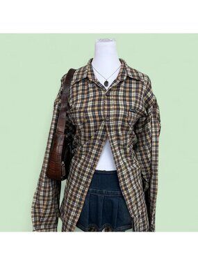 brown blue plaid indie skater grunge button down flannel shirt